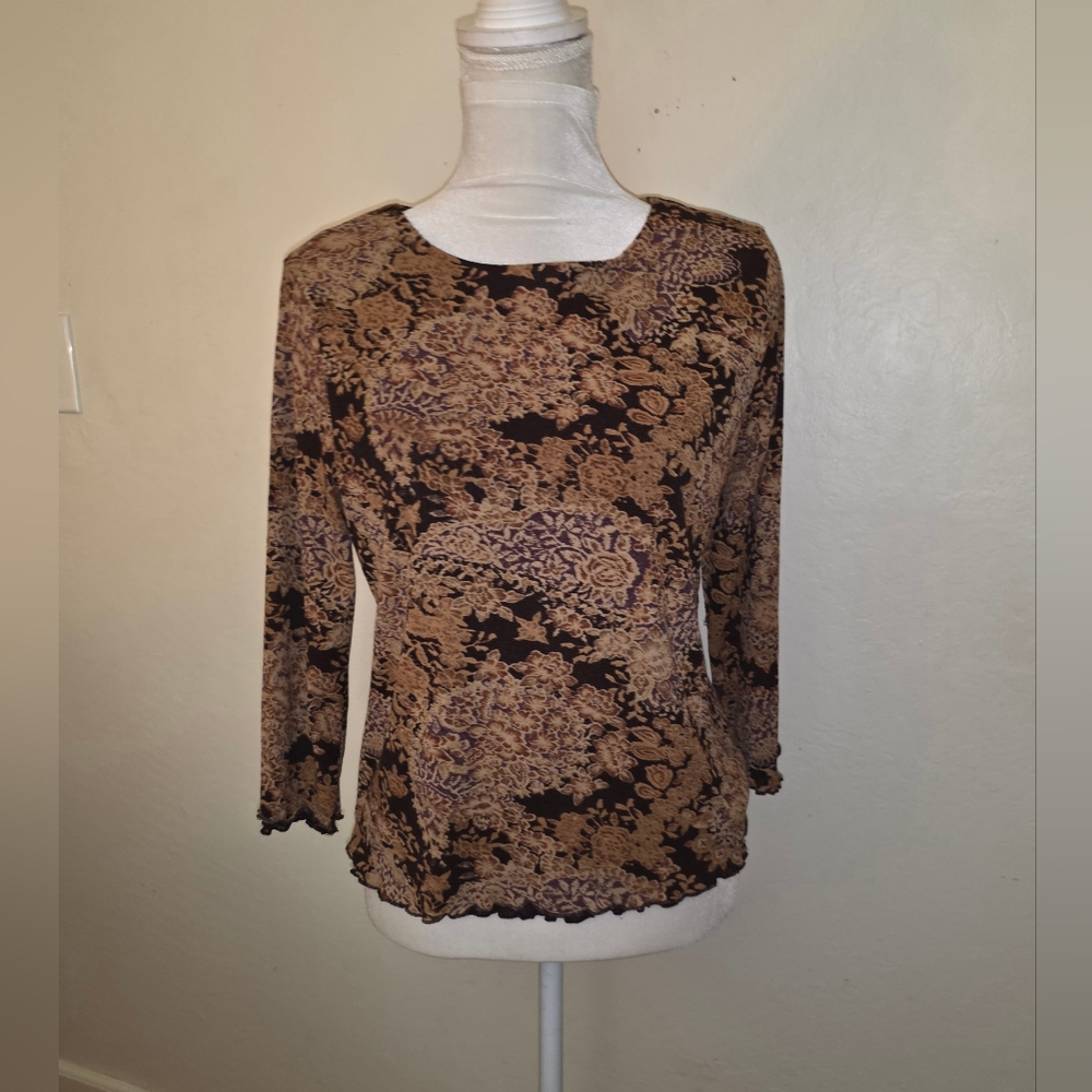 Vintage 1990s 2000s Y2K Brown Golden Tan Floral Mesh Stretch Long-Sleeve Top